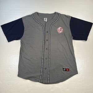 Vintage Logo Athletic Yankees Jersey Sz Large Gray & Blue Sewn Logo Button Front